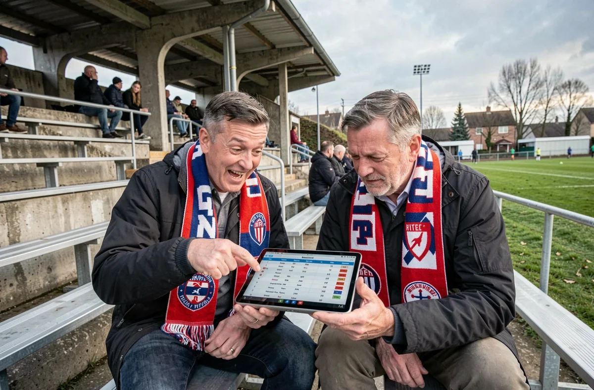 Deux supporters du District de l'Hérault consultent le classement de football sur une tablette dans un stade amateur