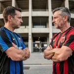 Deux supporters rivaux de l'Inter Milan et de l'AC Milan face à face devant le stade San Siro lors du derby della Madonnina