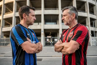 Deux supporters rivaux de l'Inter Milan et de l'AC Milan face à face devant le stade San Siro lors du derby della Madonnina
