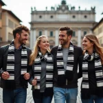 Groupe de supporters de la Juventus FC portant écharpes et maillots noir et blanc, se promenant joyeusement sur la Piazza Castello à Turin pendant un week-end de match