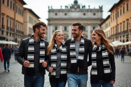 Groupe de supporters de la Juventus FC portant écharpes et maillots noir et blanc, se promenant joyeusement sur la Piazza Castello à Turin pendant un week-end de match