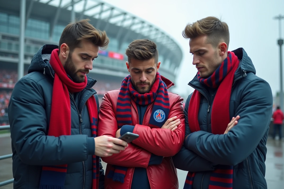 Supporters du PSG consultant la composition officielle du soir sur smartphone devant le stade