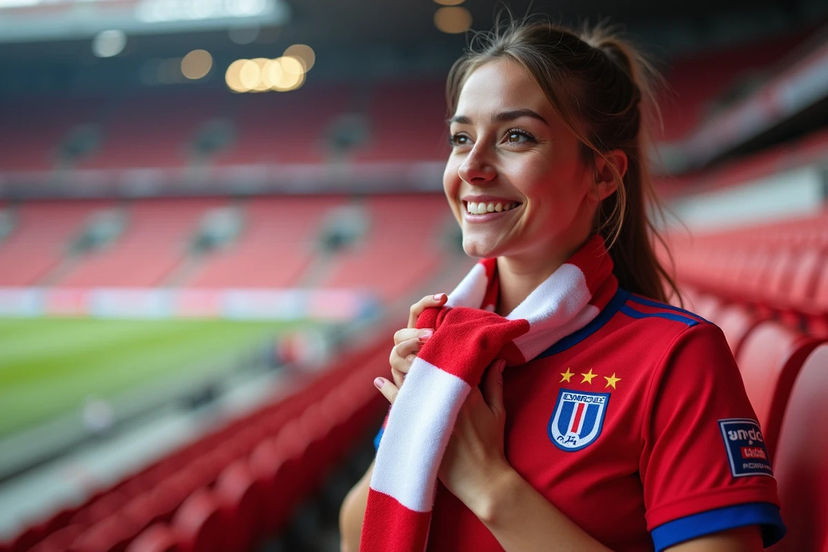 Supportrice de l'Olympique Lyonnais en maillot OL dans un stade professionnel
