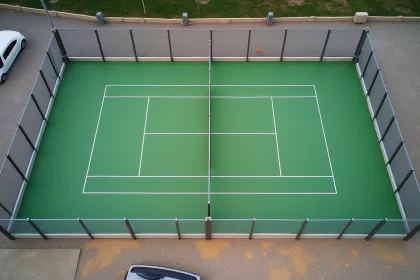 Vue aérienne d'un terrain de padel extérieur avec vitres et gazon synthétique vert