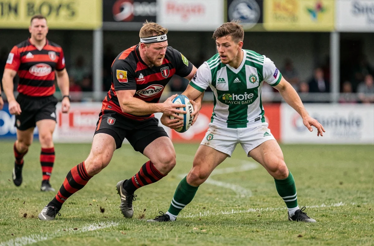 Duel en touche entre deux équipes de Fédérale 2 poule 3, joueurs en maillots rayés rouge noir et vert blanc