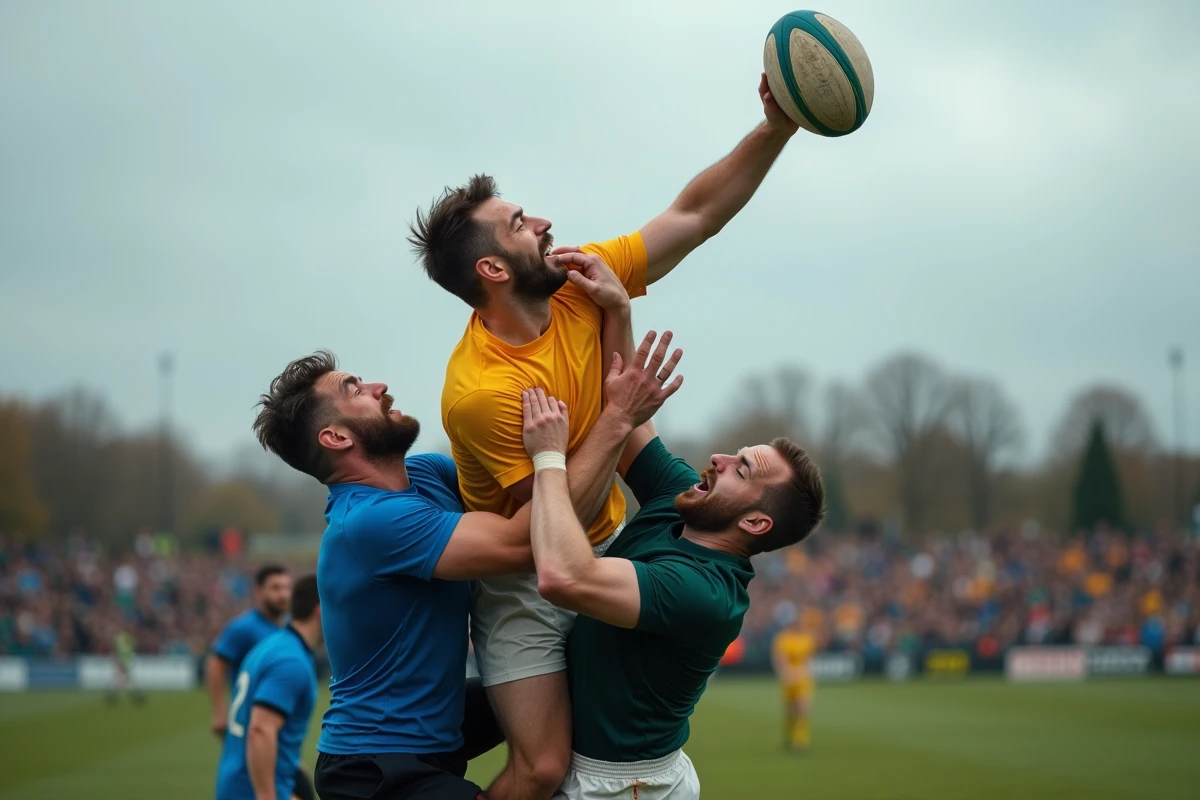 Touche disputée lors d'un match de Fédérale 2 rugby entre deux équipes, moment clé dans la course à la promotion en Nationale 2