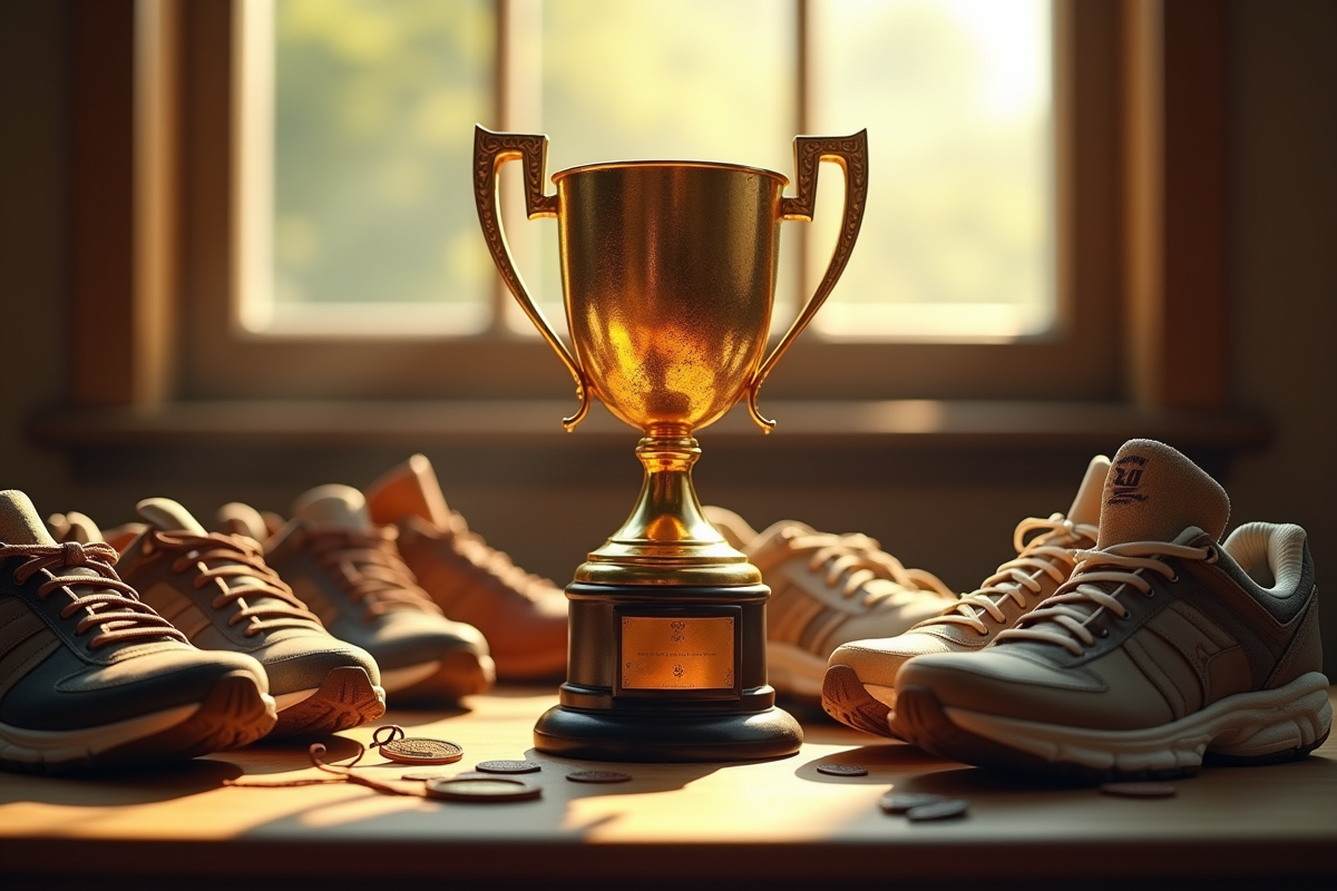 Trophée en or entouré de chaussures et médailles anciennes
