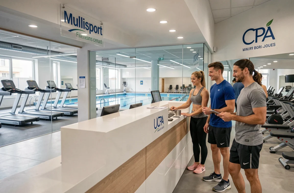 UCPA Bordeaux avec accueil multisport, espace fitness et vue sur le couloir de piscine en arrière-plan