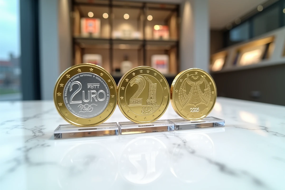 Trois variantes de la pièce de 2 euros JO 2026 exposées debout sur marbre blanc, vue en angle bas