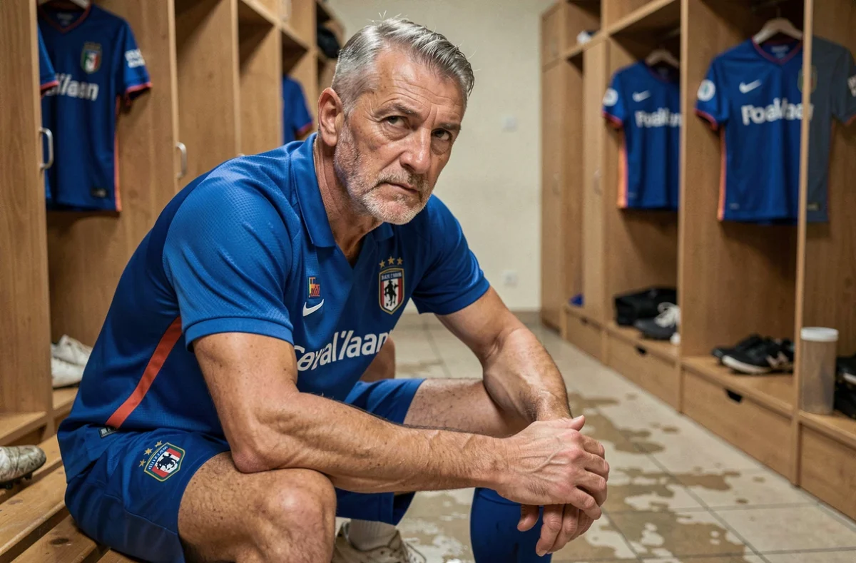 Vétéran de l'équipe nationale italienne de football pensif dans le vestiaire avant un match de 2026