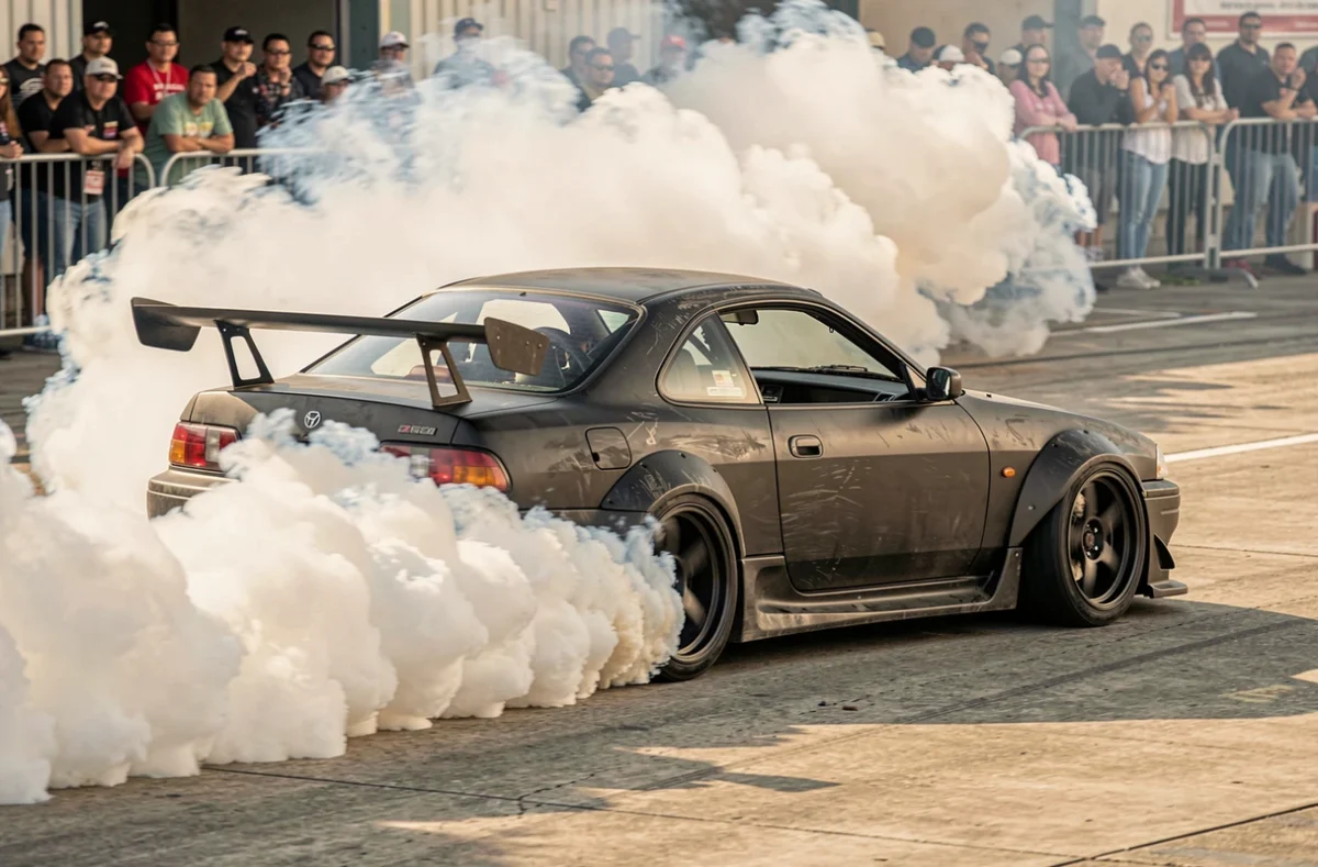 Voiture de drift en pleine dérive sur circuit, produisant d'épais nuages de fumée blanche lors d'une compétition de drift