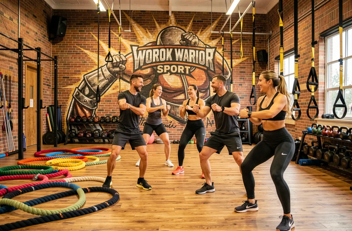 Salle Workout Warrior Sport avec groupe en entraînement fonctionnel et fresque murale motivationnelle