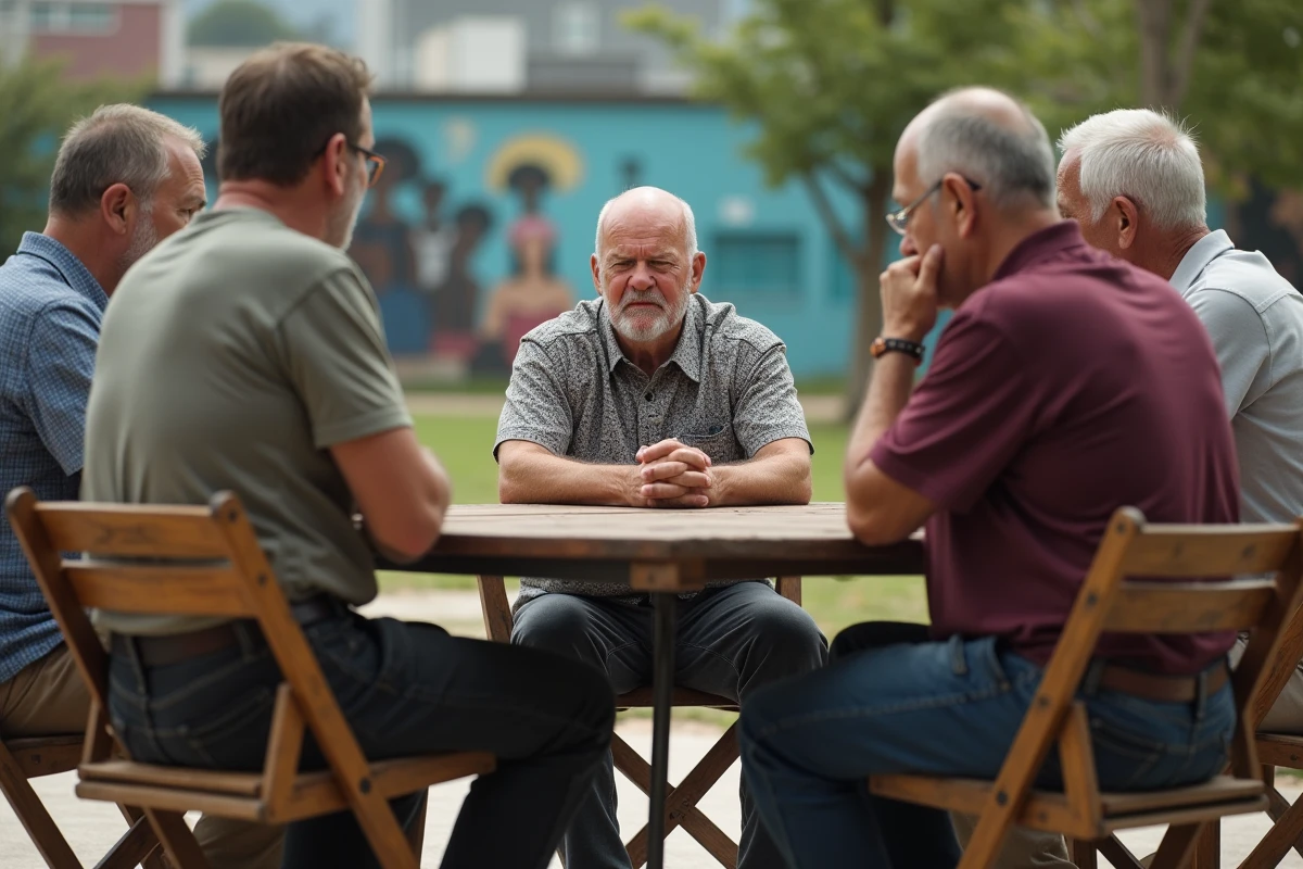 Groupe de lutteurs retraités en rencontre en plein air