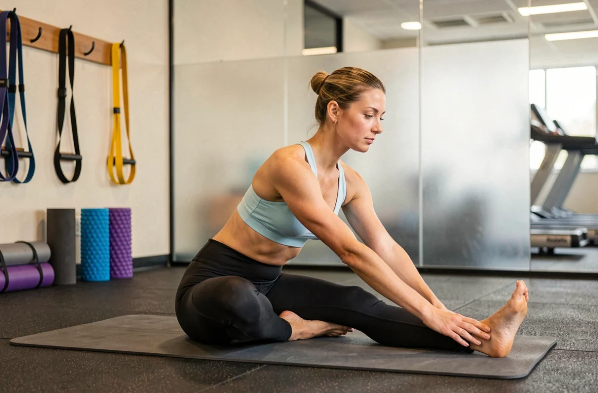 Femme pratiquant des étirements sur tapis dans la zone récupération d'une salle Basic Fit, abonnement fitness premium